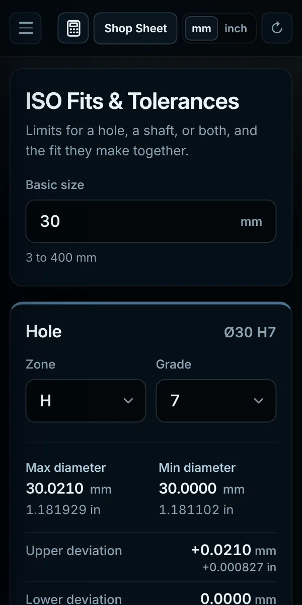 Fits and tolerances calculator