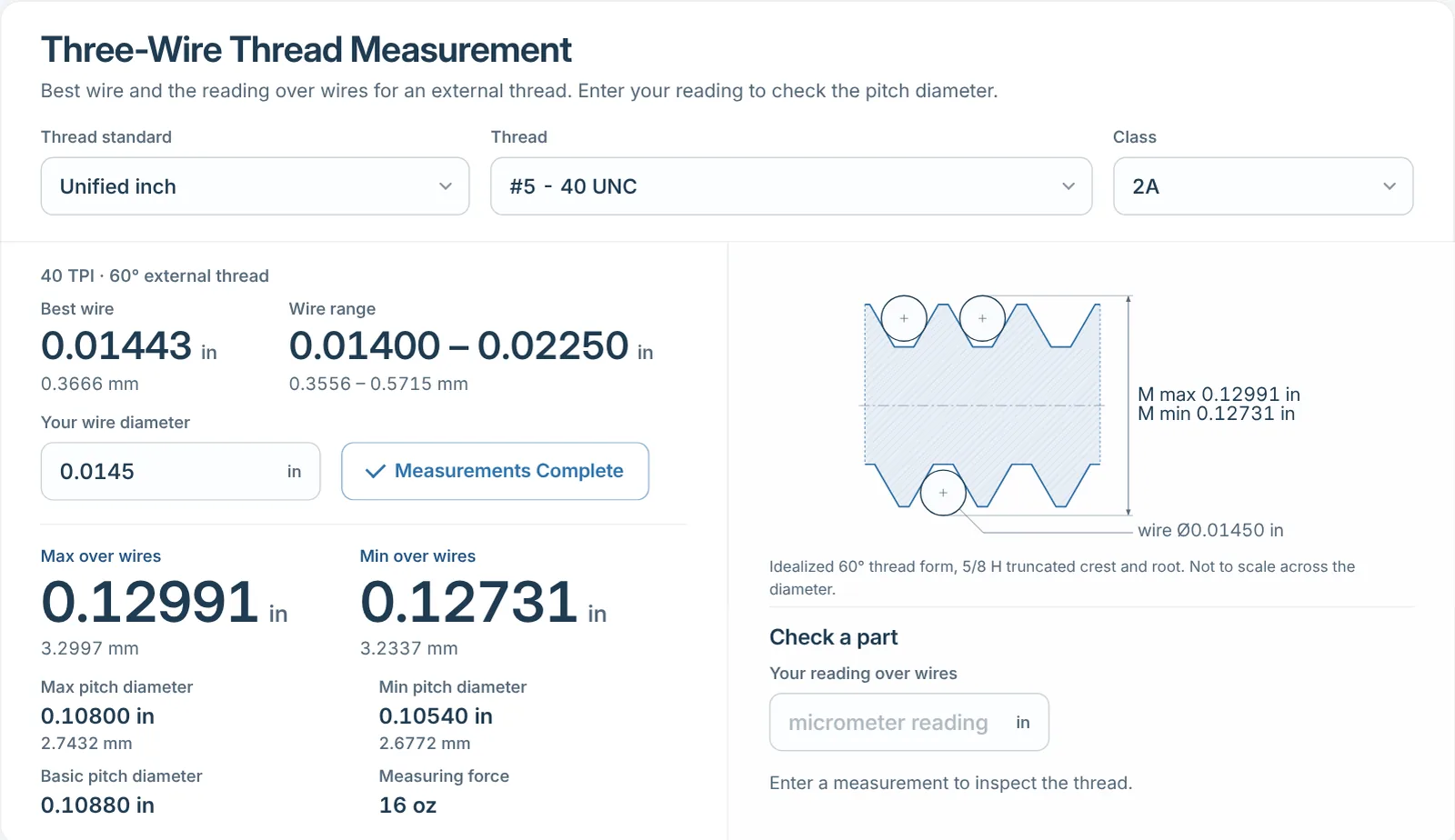 Three-wire measurement calculator