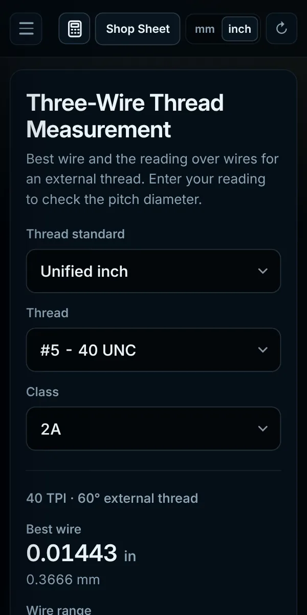 Three-wire measurement calculator
